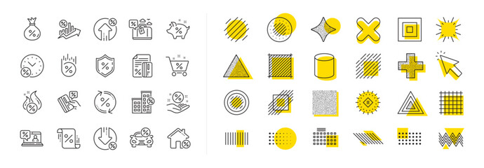 Set of Investment, Interest rate and Percentage diagram linear icons. Design shape elements. Loan line icons. Car leasing, analytics plan, Credit card percent and loan rate. Vector