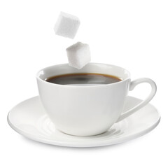 Sugar cubes falling into cup of coffee on white background - obrazy, fototapety, plakaty