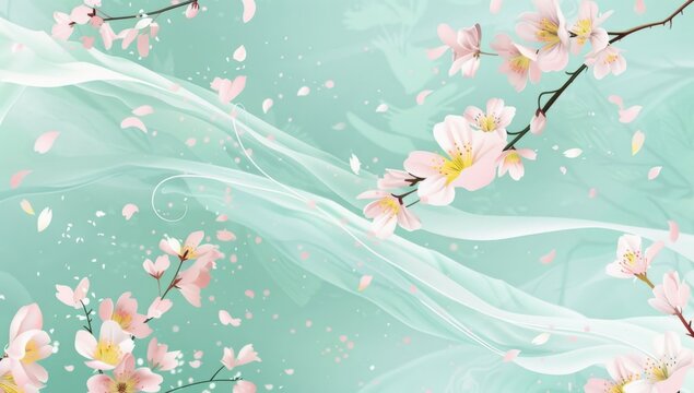 A pastel pink and mint green background with cherry blossoms, petals falling in the air, in the style of Japanese watercolor Generative AI
