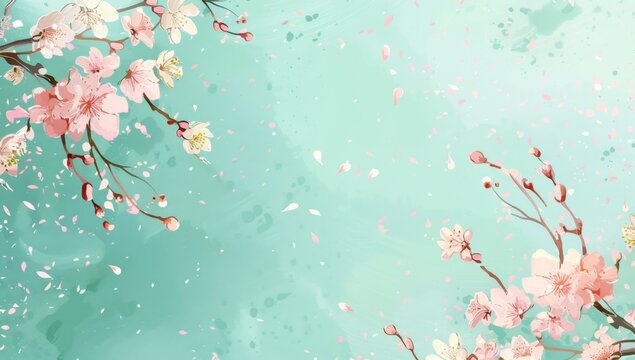 A pastel pink and mint green background with cherry blossoms, petals falling in the air, in the style of Japanese watercolor Generative AI