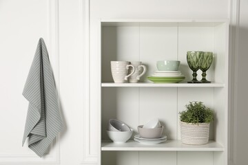 Different clean dishware and houseplant on shelves in cabinet indoors