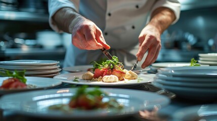 Spotlight the precision of a chef, expertly plating a gourmet dish, a masterpiece of culinary artistry.