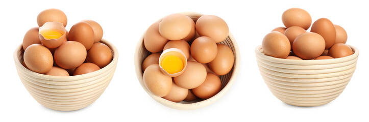 Many eggs in bowl on white background, different angles