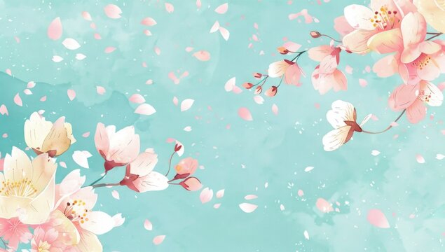 A cute Japanese style background with cherry blossoms and petals flying in the air Generative AI