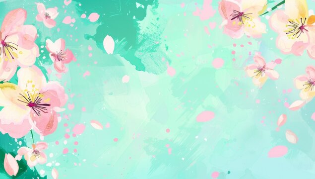 A pastel background with cherry blossoms and petals floating around, pink, yellow, green and blue mint colors Generative AI