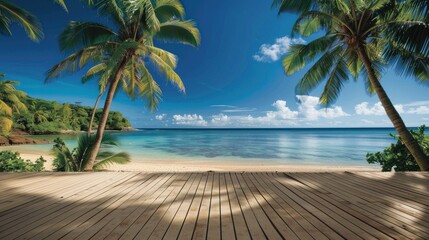 A beach scene with palm trees and a clear blue ocean