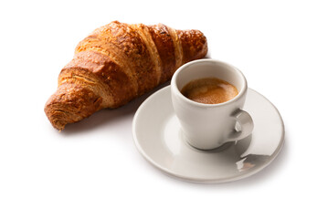 Tazzina di caffè espresso e cornetto, colazione italiana 