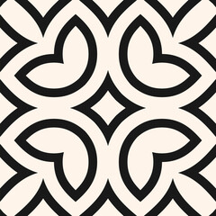 Vector floral seamless pattern in arabesque style. Black and white texture with flowers, leaves, petals. Simple monochrome geometric background. Abstract oriental ornament. Modern repeated design
