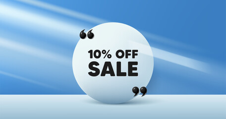 Sale 10 percent off discount. Circle frame, product stage background. Promotion price offer sign. Retail badge symbol. Sale round frame message. Minimal design offer scene. 3d comma quotation. Vector