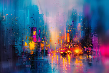 Abstract painting style over a defocused cityscape at dusk, vibrant colors blending with urban lights 