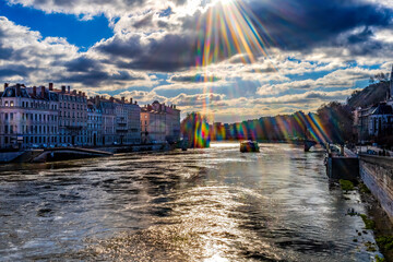 Soane River Tourboat Rainbow Reflection Lyon France - 800597418