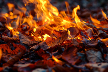 Flames engulf a pile of fallen leaves