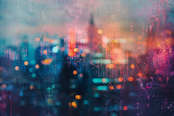 Fototapeta premium Abstract painting style over a defocused cityscape at dusk, vibrant colors blending with urban lights 
