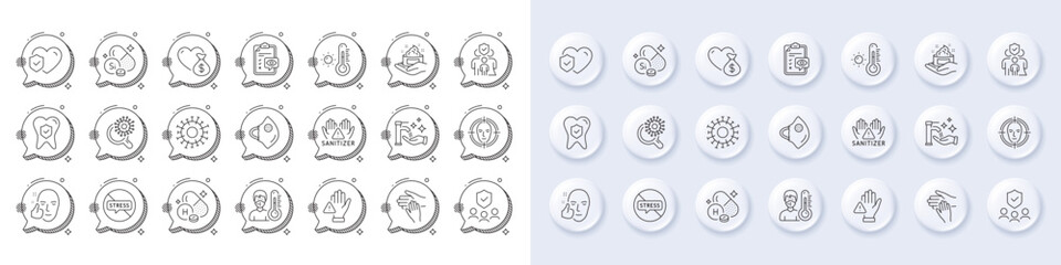 Healthy face, Skin care and Family insurance line icons. White pin 3d buttons, chat bubbles icons. Pack of People insurance, Weather thermometer, Coronavirus icon. Vector