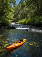 Serene stream makes its way through lush forest, with sunlight filtering through leafy canopy above, casting dappled light on clear water. An orange kayak rests in foreground, empty, still.