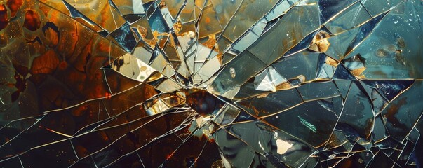 Shattered glass panel with reflective golden and blue hues