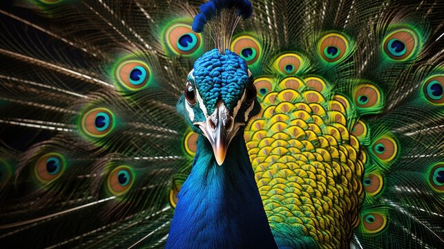 An image detailed and captivating portrait of a regal peacock displaying its magnificent plumage