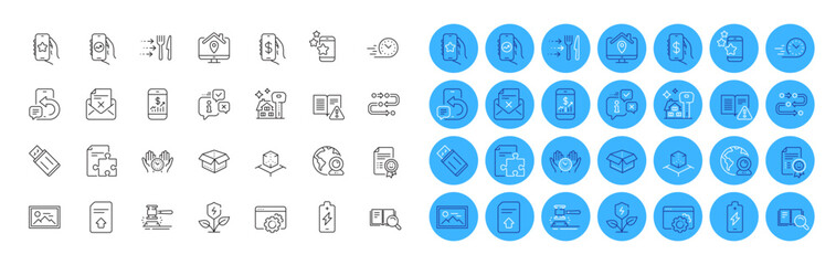 Augmented reality, Auction hammer and Battery charging line icons pack. Phone message, Buying house, Open box web icon. Upload file, Reject letter, Methodology pictogram. Color icon buttons. Vector