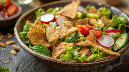 Middle Eastern Fattoush salad with lettuce, tomatoes, cucumbers, radishes, and crispy pita chips.