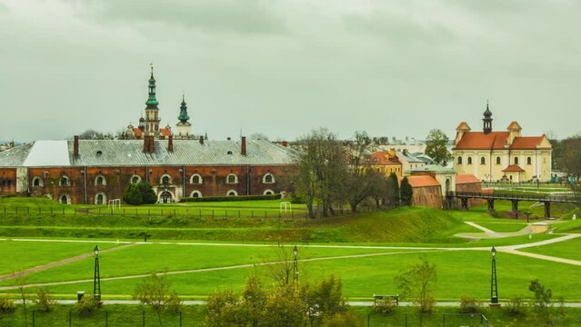 Church Catherine in Zamosc, Poland - baroque church in Old Town. Town Hall - mannerist-baroque, the main building in Zamosc.