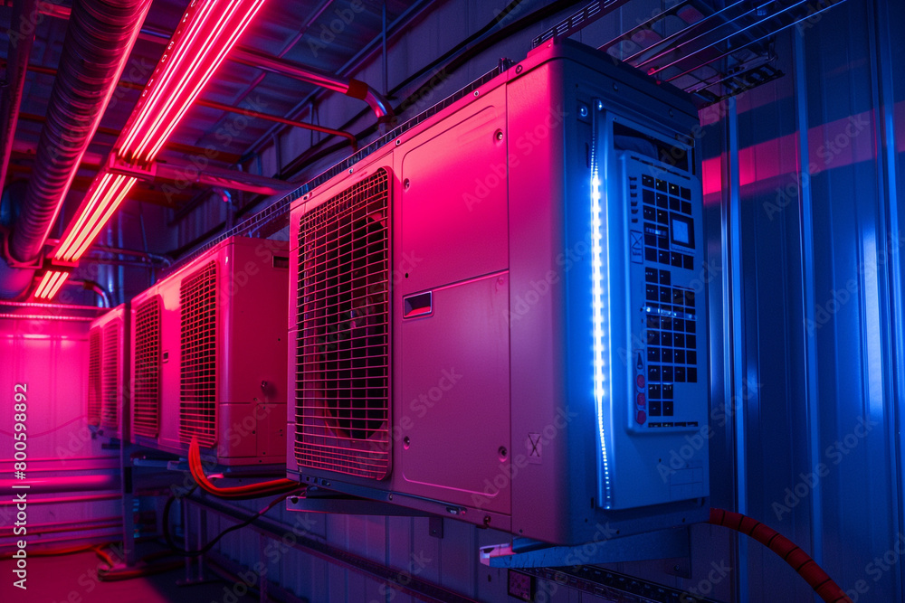 Poster advanced condenser unit with ai-driven temperature control, glowing with neon led lights, mounted on