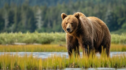 Fototapeta premium Serene capture of a large brown bear roaming through wetlands with tall grass, reflecting its natural environment