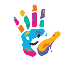 Hand print, multicolor paints with paint liquid drops and smile face