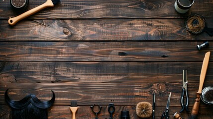 Moustache and beard styling tools on wooden background, flat lay. Space for text  - Powered by Adobe