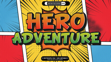 Hero adventure comic pop art style 3d editable vector text effect poster template with comic book backdrop illustration