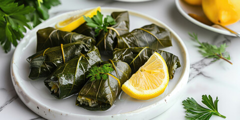 Dolma served on a white quartz background, Grape leaves stuffed with seasoned rice and herbs,...
