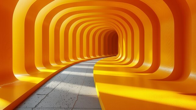 A tunnel with a light at the end of it and some yellow shapes, AI