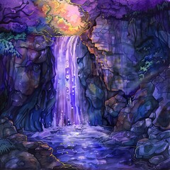 Mystical Waterfall in Purple Cave, Fantasy Landscape