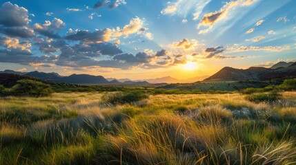 The golden light of the setting sun illuminates the lush grasses and distant mountains, creating a peaceful and picturesque landscape
