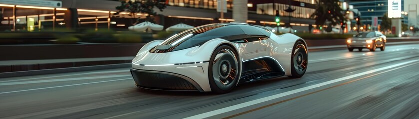 Fototapeta premium A selfdriving car morphs its shape based on traffic flow, its body a sleek display of adaptive materials, close up strange style hitech ultrafashionable concept