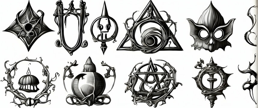 A collection of gothic and dark fantasy style symbols and emblems that exude mystery, esotericism, and a sense of arcane rituals