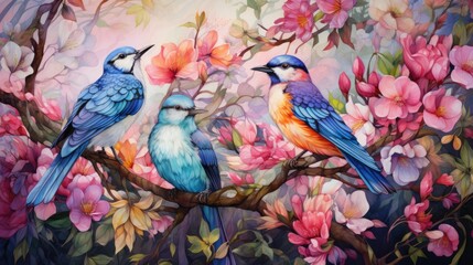 a photo intricate watercolor composition portraying a variety of exotic birds perched on blooming branches