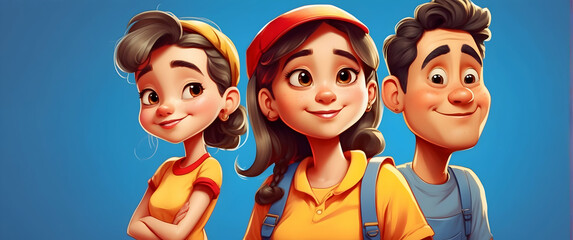 Bright and engaging animated illustration of a smiling family with two kids and a father figure