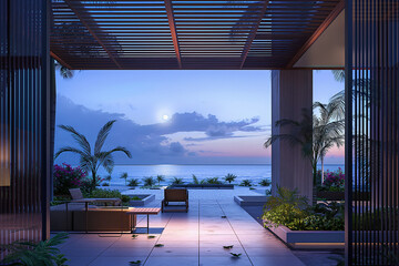 Luxury resort or villa lobby with palms and sea view