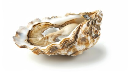 An oyster, slightly open, revealing a hint of its inner beauty, known for its pearls and culinary delight, isolated on white background