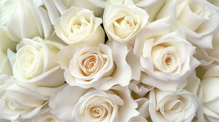 Light background entirely consisting of white roses with large wavy petals close-up