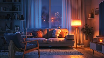 or of living room with cozy sofa and glowing lamps at night scene. Generated AI image