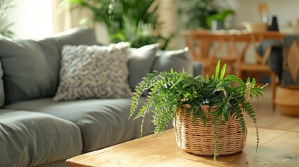 Cozy living room with wooden table with houseplant, grey sofa and wicker basket. Generated AI