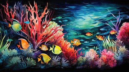 a illustration intricate watercolor composition depicting a variety of tropical fish in a vibrant coral reef ecosystem