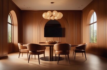 The concept of the interior. a large bright dining room or study in beige with wooden components.