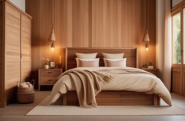 The concept of the interior. The bedroom is decorated in beige tones. Boho style