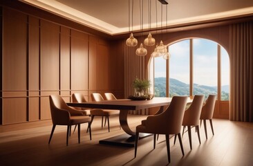 The concept of the interior. a large bright dining room or study in beige with wooden components.