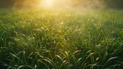 Obraz na płótnie Canvas Beautiful fresh natural green grass field in sunrise scene. Generated AI image