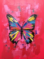 Black butterfly on red background impasto oil painting. Acryl illustration for poster, banner, print. 