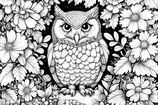 A black and white drawing of an owl in a field of flowers