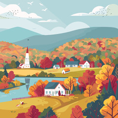 A painting Virginia of a rural area with a church, houses, and a river